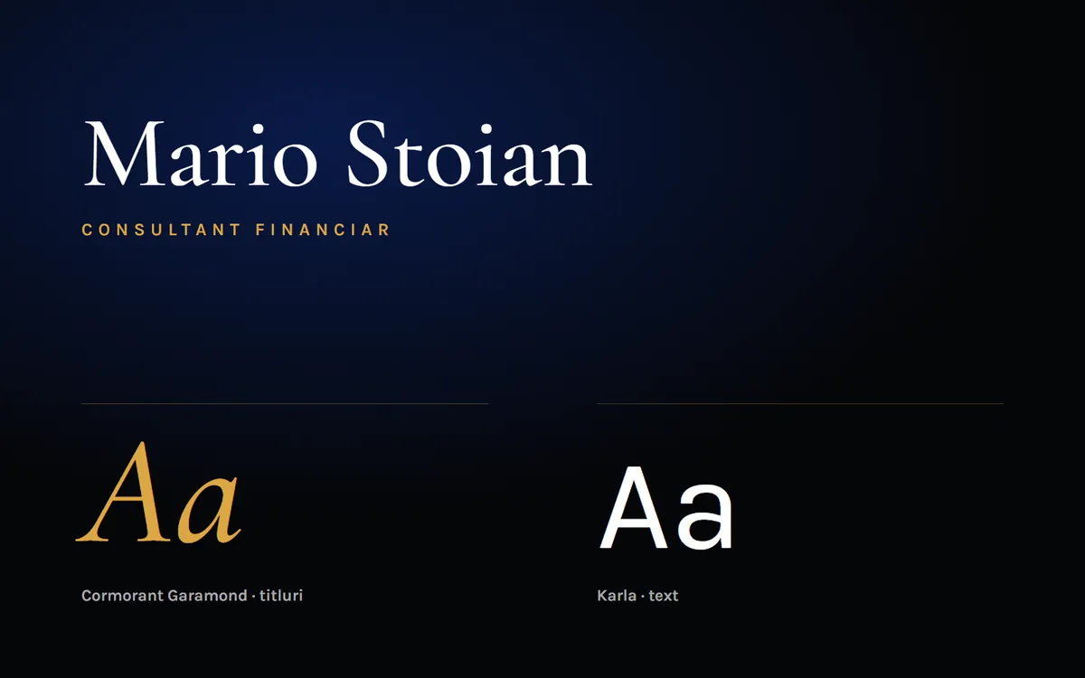 Semnătura „Mario Stoian” cu mențiunea „Consultant financiar” și specimenele fonturilor Cormorant Garamond și Karla