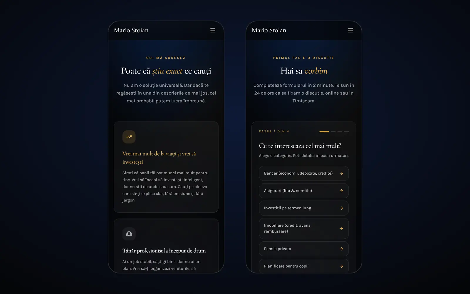 Două ecrane de telefon: profilurile de vizitator și primul pas al formularului